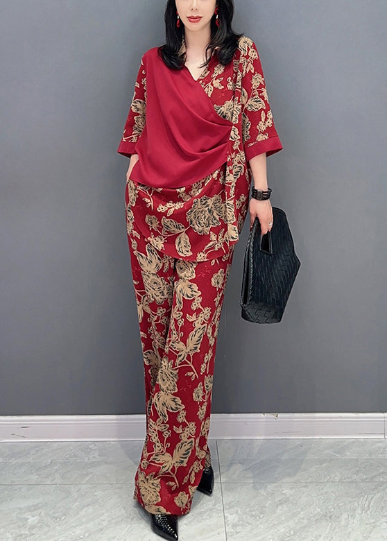 peopleterritory Red Print Patchwork Top And Wide Leg Pants Two Pieces Set Long Sleeve LC0308