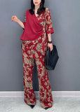 peopleterritory Red Print Patchwork Top And Wide Leg Pants Two Pieces Set Long Sleeve LC0308