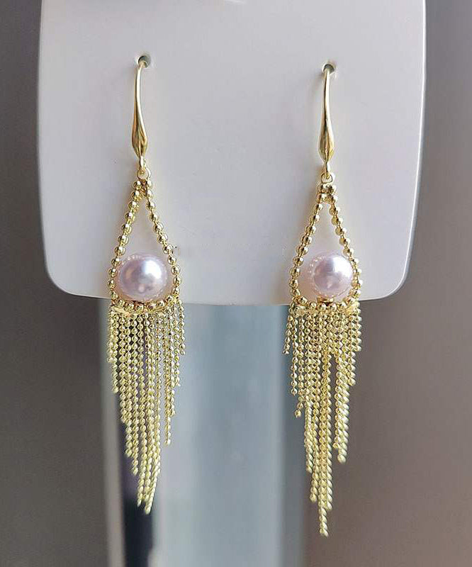 peopleterritory Regular Gold Alloy Pearl Tassel Drop Earrings KX1020