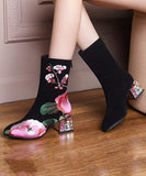 peopleterritory Retro Black Suede Chunky Boho Embroidery Boots CZ1022