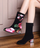 peopleterritory Retro Black Suede Chunky Boho Embroidery Boots CZ1022