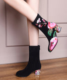 peopleterritory Retro Black Suede Chunky Boho Embroidery Boots CZ1022