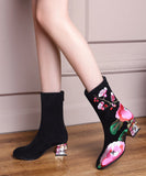 peopleterritory Retro Black Suede Chunky Boho Embroidery Boots CZ1022