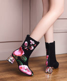 peopleterritory Retro Black Suede Chunky Boho Embroidery Boots CZ1022