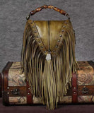 peopleterritory Retro Coffee Cowhide Tassel Rivet Shoulder Bag ZX1022