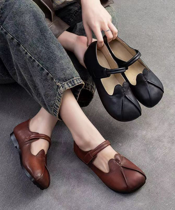 peopleterritory Retro Ethnic Style Brown Sheepskin Soft Soled Flats Shoes CZ1058