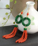 peopleterritory 14K Gold Jade Tassel Circle Drop Earrings