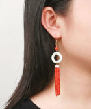 peopleterritory 14K Gold Jade Tassel Circle Drop Earrings