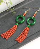 peopleterritory 14K Gold Jade Tassel Circle Drop Earrings