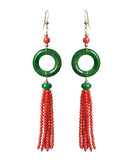 peopleterritory 14K Gold Jade Tassel Circle Drop Earrings