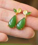 peopleterritory Retro Green Sterling Silver Overgild Jade Water Drop Drop Earrings GH1019