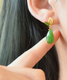 peopleterritory Retro Green Sterling Silver Overgild Jade Water Drop Drop Earrings GH1019