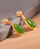 peopleterritory Retro Green Sterling Silver Overgild Jade Water Drop Drop Earrings GH1019