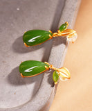 peopleterritory Retro Green Sterling Silver Overgild Jade Water Drop Drop Earrings GH1019