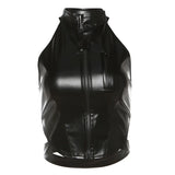 Territory Black PU Leather Halter Top Sexy Outfit Women Clubbing Zipper Hollow Out Backless Crop Tank Tops Moto Girl Outwear