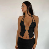 Territory Metal Ring Hollow Out Lace Up Halter Tops For Women 2024 Summer Sexy Crop Top Streetwear Tanks & Camis Clubwear