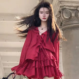 Territory Elegant V-neck Ruffles Long Sleeve Tops Women+ Y2k E-Girl High Waist Ruched A-line Skirts Spring New Red Two Piece Sets