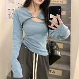 Territory  Y2K Korean Fashion Pink Cropped Sweater Women Harajuku Sexy Slim Knitted Jumper Vintage Casual Cardigan+Vest Set Tops