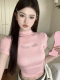 Territory 2024 Letter Rhinestones Short Sleeve T-shirts Half High Collar Basic Vintage Cropped Tops Women Y2k Aesthetic Slim Harajuku Tees