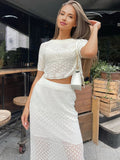 Territory Knitted White Short Sleeve T-shirt Skirt Set Hollow See Through High Waisted Sexy Slim Fit Hip Wrap Two Piece Sets Women