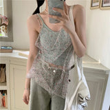 Territory Korean Fresh Fairycore Flower Print Mesh Camisole+ 2024 Summer Sexy Slim Fit Vest for Women Y2k E-Girl Two Piece Sets