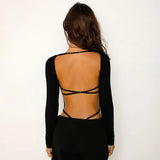 Territory Black Backless Bodysuits Women Square Neck Long Sleeve Thong Open Back Bodysuit Sexy Tops Fall Winter Outfits