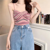 Territory Camisole Women Retro Striped Folds Fashion Leisure Cropped Slim Stretchy Summer Hot Sale Sexy Basic Sweet Sleeveless Soft Tops