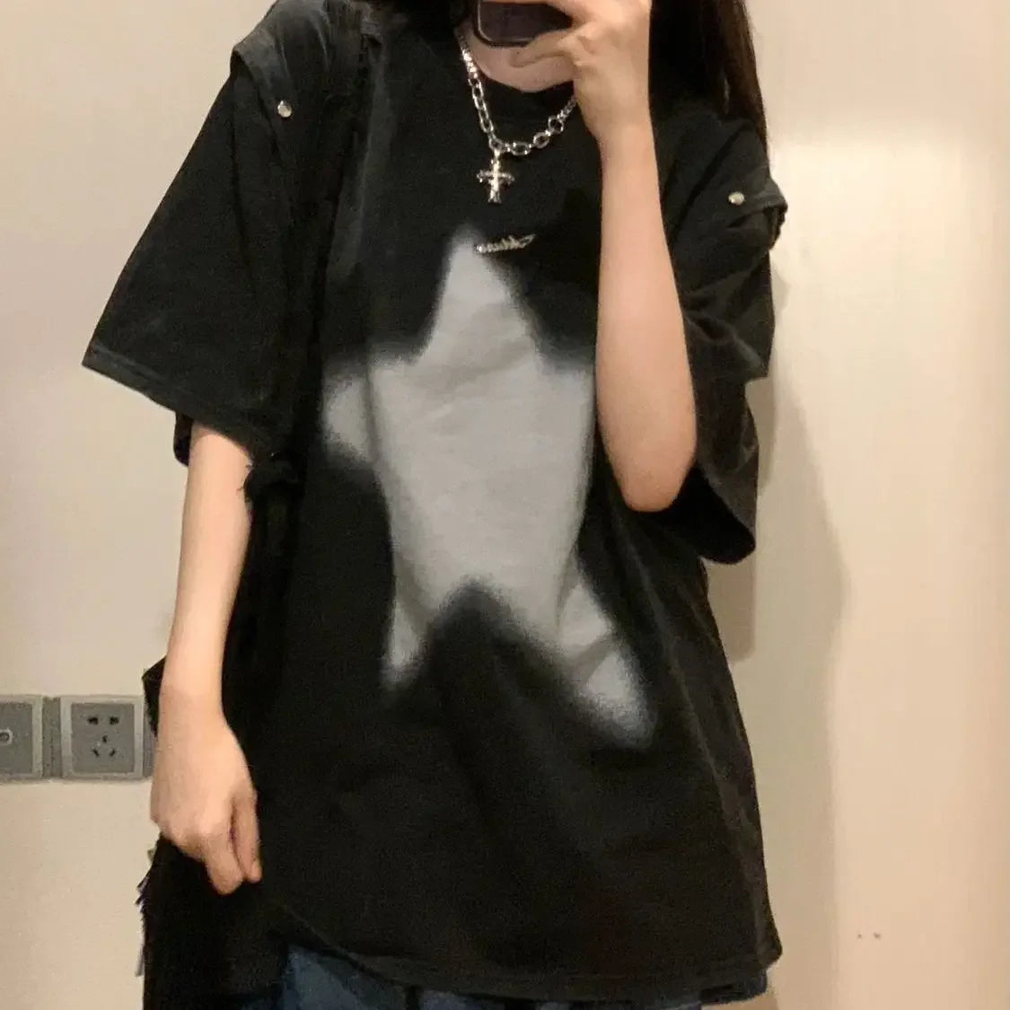 Territory 2024 Hip Hop Streetwear T Shirts Women Harajuku Grunge Star Print Short Sleeve Tees Gothic Loose Removable Y2K Tops Vintage