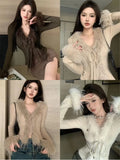 Territory Autumn Solid Fur Vintage Knitted Cardigan Women Elegant Knitted Sweater Coat Female Korean Fashion Retro Slim Fit Tops New