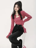 Territory  Y2K Korean Fashion Pink Cropped Sweater Women Harajuku Sexy Slim Knitted Jumper Vintage Casual Cardigan+Vest Set Tops