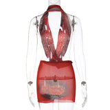 Territory Open Back Halter Mini Dress Sexy Club Outfit For Women Summer 2024 See Through Abstract Print Mesh Dresses Clubwear