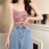 Territory Camisole Women Retro Striped Folds Fashion Leisure Cropped Slim Stretchy Summer Hot Sale Sexy Basic Sweet Sleeveless Soft Tops