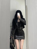 Territory Fashion Vintage Long Sleeve Zipper Leather Coat Women+ Y2k Sexy Slim Fit Bodycon Camisole Dress Summer New Two Piece Sets