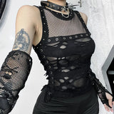 Territory Gothic Crop Tops Punk Tanks Trendy Camisole T-Shirt Women Sexy Fishnet Backless Steampunk Vest Clubwear for Rave Party