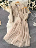 Territory High Quality French Vintage Small Fragrance Two Piece Sets Women Outfits Luxury Short Jacket Coat + Sling Sexy Long Dress Suits