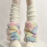 Territory Cute Colorful Rainbow Leg Warmer Plush Imitation Fur Japanese Women Knitted Over Knee Tube  Winter Warm Long Leg Cover Socks