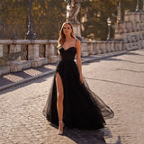 Territory 2024 Elegant Black Tulle Evening Dresses With Slit A-Line Spaghetti Zippper Back Sweep Train Prom Dress Party Dresses for Women