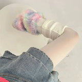 Territory Cute Colorful Rainbow Leg Warmer Plush Imitation Fur Japanese Women Knitted Over Knee Tube  Winter Warm Long Leg Cover Socks