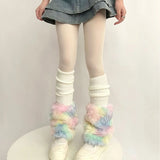 Territory Cute Colorful Rainbow Leg Warmer Plush Imitation Fur Japanese Women Knitted Over Knee Tube  Winter Warm Long Leg Cover Socks