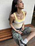 Territory American Vintage Mesh Lace White Camisole+ Y2k Sexy Slim Fit Yellow Knitted Vest for Women 2024 Summer New Two Piece Sets