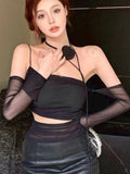 Territory Black Backless Sexy Fashion Tops Women Strappy Vintage Designer Slim Sling Female Hang Neck Elegant Casual Tops Autumn New