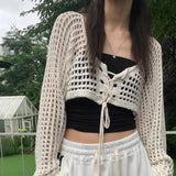 Territory 2024 Summer New V-neck Lace Up Cardigan Hollow Out Long Sleeve Tops Women Y2k E-Girl Slim Fit All-match Knitted Pullover