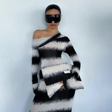 Territory Black And White Striped Asymmetrical Dress One Shoulder Long Sleeve Maxi Dresses Fall 2024 Fashion Women Y2K Outfits