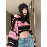 Territory Autumn Y2K New Korean Style Pink Cropped Sweater Women Striped Jumper Vintage Female Long Sleeve Crewneck Pullovers Tops