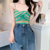 Territory Camisole Women Retro Striped Folds Fashion Leisure Cropped Slim Stretchy Summer Hot Sale Sexy Basic Sweet Sleeveless Soft Tops