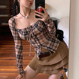 Territory Checkered Square Collar Mesh Shirt for Women Summer Slim Fit Long Sleeved T-Shirt Top Retro Elastic Sexy Bodysuits