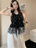 Territory Black Tank Tops Women Florals Vintage Sexy Slim Summer Chic Outwear New Casual Office Lady Daily Loose Blusas