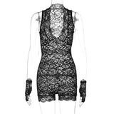 Territory Deep V Halter Playsuit Rompers With Gloves Sexy See-through Lace Black Jumpsuit 2024 Summer Outfits Women Clubwear