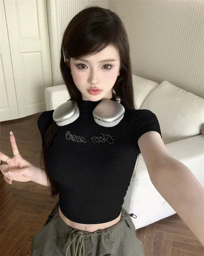 Territory 2024 Letter Rhinestones Short Sleeve T-shirts Half High Collar Basic Vintage Cropped Tops Women Y2k Aesthetic Slim Harajuku Tees