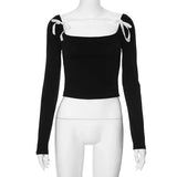 Territory Black Top Y2k Cute Sexy Bow Tie Square Neck Backless Long Sleeve Tshirts Korean Fashion Crop Tops Spring